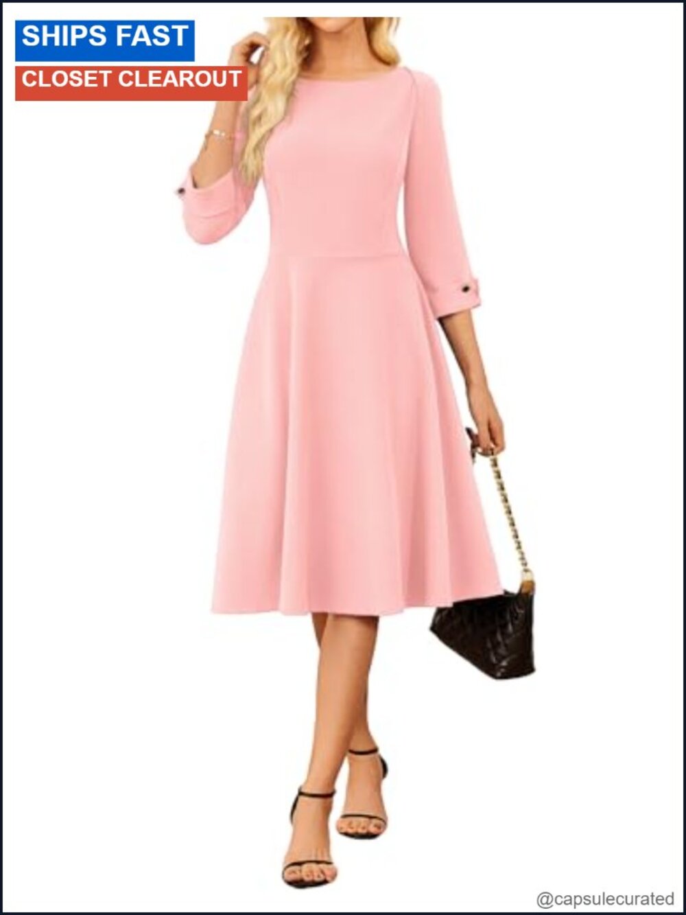 Work Dress Fit and Flare Midi 3/4 Sleeve Boat Neck A-Line Office